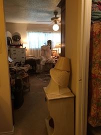 Painted bedside table, lampshades