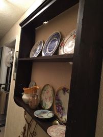 Wonderful antique shelf with plate ledge, transfer ware and Haviland china