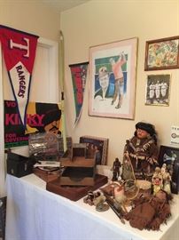 Signed Texas Ranger Pennant, Signed Golf Poster, framed baseball cards, Baseball game, American Indian dolls and other items, vintage office items, LP's, signed Kinky poster