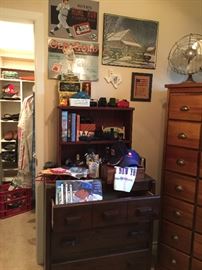 Vintage three drawer chest, signed Texas Rangers programs, Avon car collection, metal signs, linens, caps