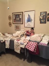 The vintage linens are outstanding, they also include Scottie and Westie vintage pieces, wonderful framed posters and prints, framed quilt pieces