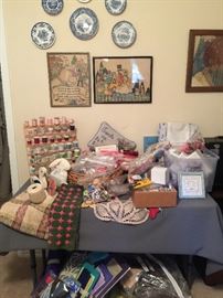 Transfer ware plates, vintage needlepoint, sewing items including buttons, threads, material, lace, ribbons, trim and sewing tools