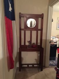Antique Oak Hall Tree with beveled mirror and umberela holder, Texas Flag