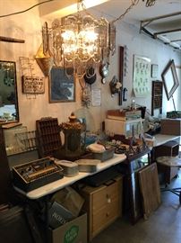 Vintage items, furniture, light fixtures, signs, microwave, mirrors and frames
