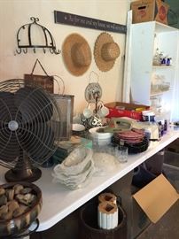 Pottery, vintage ice cream dishes, mugs, vintage fan