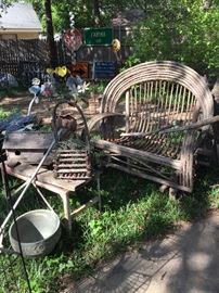 Wonderful twig settee in perfect condition has never been in the weather! more bird houses, pottery, metal decor
