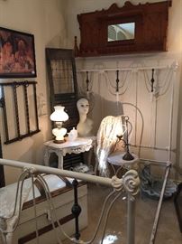 We also have a second shabby room, this sale has so many treasures, Wonderful full iron bed, painted side table, ice cream chair, hobnail lamps, vintage shutter for New Orleans, wonderful oak mirror above the bed, hump back trunk
