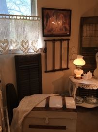 Vintage print, shutter, iron pieces, crochet window treatment