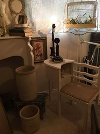 Gossip table, art work, candlestick telephone decantor, vintage bird cage