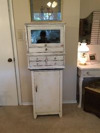 Metal cabinet, antique wood medical piece