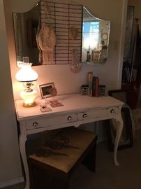 Painted table/desk/sofa table, lots of options and uses, trifold mirror with vintage crochet purse collection