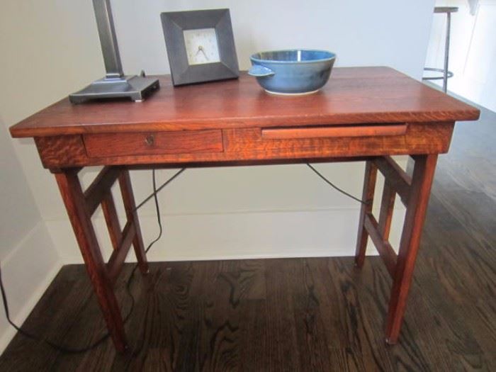 Oak desk with pull out writing surface, drawer, and folding legs!