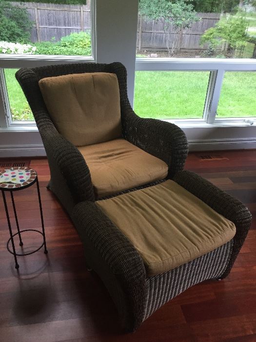 Wicker chair and ottoman - 2 available and side iron and tile side table