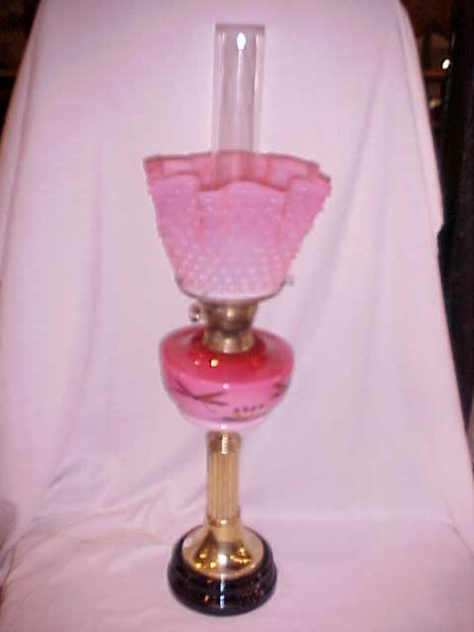 Early oil lamp w/dragonflies, art glass font & shade.