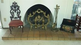 carved walnut child's chair, early brass andirons and tools, tole kindling box