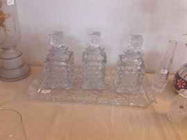 American Fostoria decanters - Scotch, Gin, Whiskey