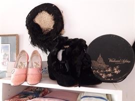 Victorian carriage boots-velvet and fur, Victorian straw w/ ostritch hat, vintage hat box, Flairs party pumps