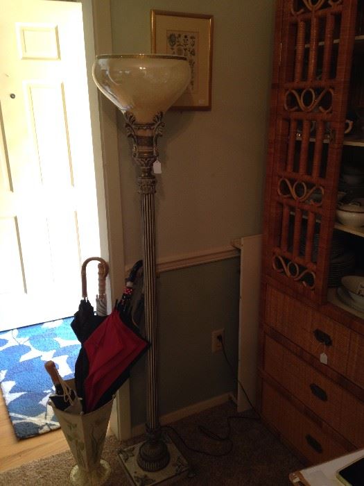 Floor lamp; rattan cabinet (1 of 2); umbrella holder