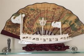 Ivory Hand Carved Chinese Bovine Dragon/Junk Boat on Rosewood Base