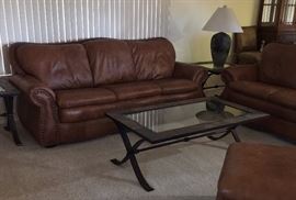 Leather Sofa
Leather Loveseat
Leather Chair and Ottoman
Coffee Table Slate Edge, Beveled Glass, Metal Base
Slate Edge, Beveled Glass, Metal Base End Table (2)
Ceramic Table Lamp