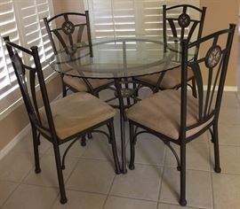 Scalloped Edge Glass Top Table w/ 4 Chairs
(Microfiber Seat, Metal Frame w/ Mosaic Tile Accent)