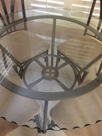 Scalloped Edge Glass Top Table w/ 4 Chairs
(Microfiber Seat, Metal Frame w/ Mosaic Tile Accent)