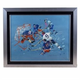 LeRoy Neiman Artist Proof Serigraph "Blue Hockey": An artist proof serigraph on blue paper by LeRoy Neiman. This work depicts five hockey players, three defending the goal while two approach, in a palette of red, bue, white, black, tan, pink, and pale blue. The piece is signed in graphite to the lower right and is marked “A.P.” to the lower left denoting that this is an artist proof. It is presented in a brush chrome frame with a wire to the verso ready to hang. A certificate of authenticity from Griffin Gallery is attached to the verso.