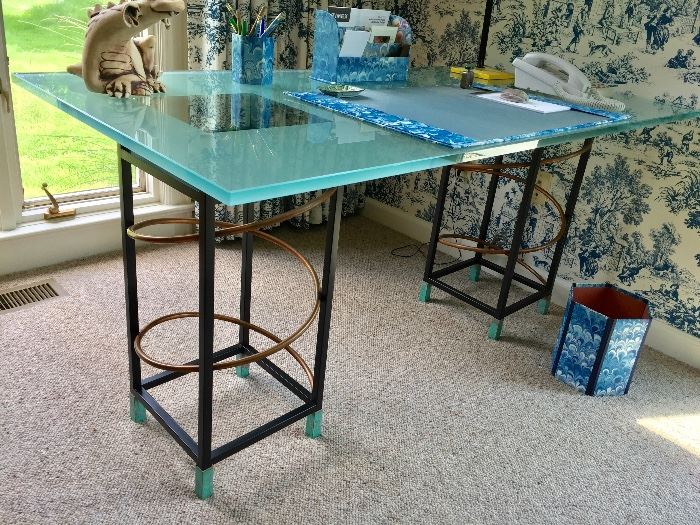 Modern Frosted Glass Top Desk w/ Metal & Copper Coil Base (30’’ x 60’’ x 29’’)