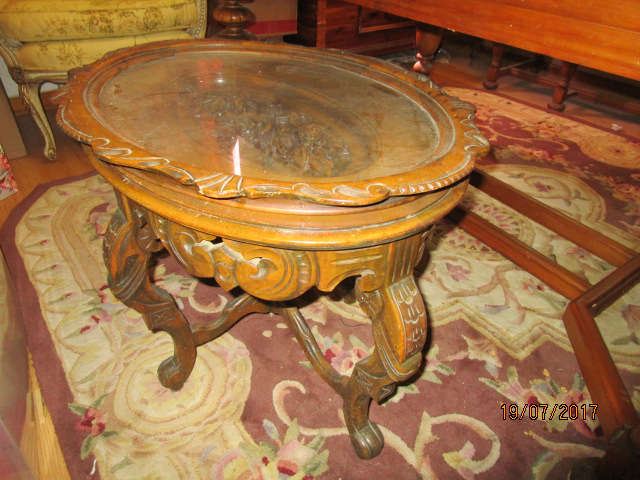 Carved Vintage Coffee table with glass tray top