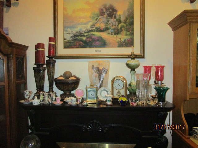Seiko shelf clock, crystal dresser lamps with cranberry glass shades and prisms, etc.