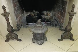 Pair of Heavy Antique Andirons w/ an Antique Chinese Pierced Lantern