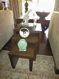Three Nesting Tables; Antique Parian Figurine and a Vintage Parian Deco Basket; Art Deco Batchelder Vase; Art Deco Vase