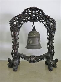 Antique Chinese Bronze Bell on a Carved Branch Teak Stand
