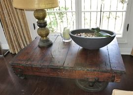 Antique Railroad Cart/ Antique Repousse Lamp