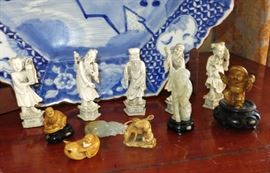 Five Antique Ivory Immortals; Antique Netsukes; 2 pieces of Carved Celadon Jade