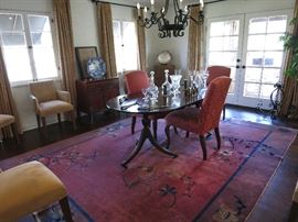 1920's Art Deco Chinese Rug; 1920's Banded Mahogany two-Pedestal Oval Dining Table w/ 2 leaves; set 4 Vintage Brocade Side Chairs; set 6 Ultra-Suede Dining Chairs