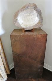 Large Wood and Mother-Of-Pearl Bowl on a Copper-Clad Pedestal, signed.