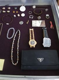 Assorted Jewelry, including a Tiffany Men's Sterling Silver Wedding Band; Tiffany Sterling Silver Key Chain; Ladies' Prada Wallet; and an heavy Antique Men's 14 K Gold Ring set with a Quartz Owl bearing rose-cut Diamond Eyes.