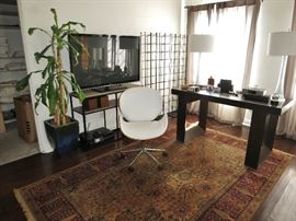 Karastan Tabriz-Style Rug; Modern Desk; Bentwood Desk Chair; Pair of Murano-Style Glass Lamps; Flatt Screen TV;  CD Stands