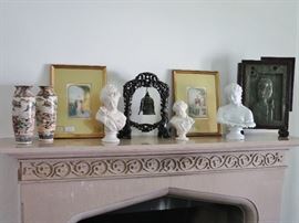 Three Antique Parian Bisque Busts; Pair of Vintage Hand-tinted British Royal Etchings; Pair of Kutani Vases, ca. 1900 - all from the Estate of Hollywood Choreographer Robert Sidney.  Bronze Architectural Plaque.