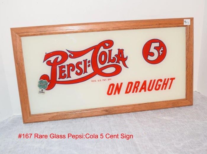 167 RARE Vintage Pepsi Cola on Draught Glass Sign Framed 5 cents