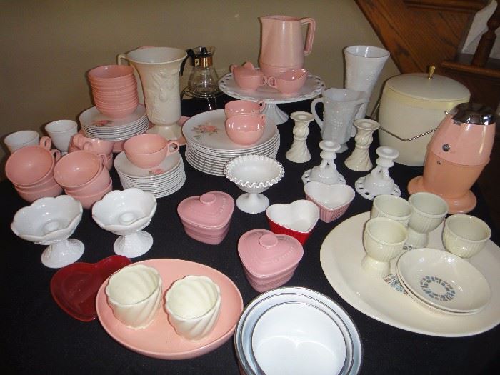 Melmac dish set, "Only a Rose", vintage ice crusher, milk glass, Le Creuset  heart dishes
