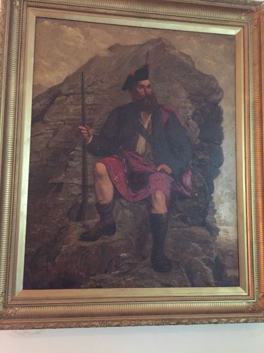 Large and impressive oil-on-canvas painting of Highlander in kilt seated on a rocky crag.  Very fine original gilt frame. Unsigned but British, about 1850.
