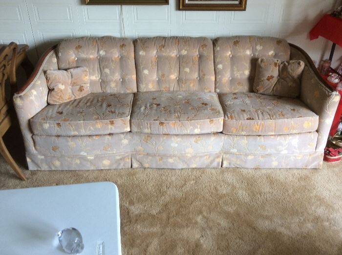 Lot 101 buy it now $225--broyhill 3 cushion sofa. 84"L x 35"D x 29" H button tufted back beige & gold valour fabric with 2 matching throw pillows