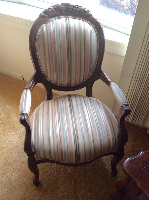Lot 104 buy it now. 2 vintage upholstered arm chairs. Stripe pattern. Excellent condition. $85 each