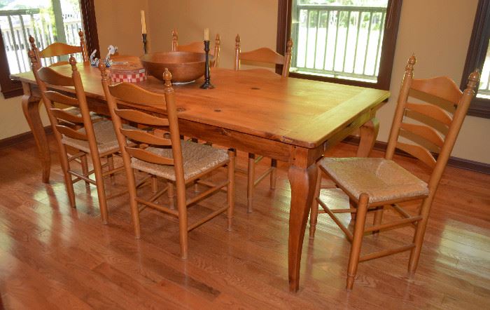 Pine board dining room table & 6 rush bottome chairs