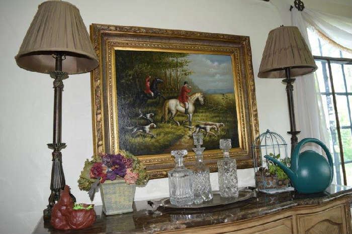 Oil painting, Decanters lamps buffet