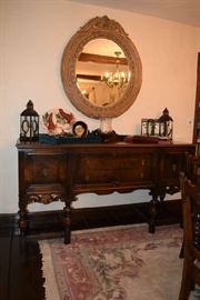 Vintage Buffet and rugs, Large Mirror, Roger Bros Silverware