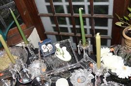 Glassware items, cake plate, candle holders more