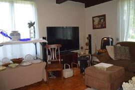 Sony TV and Sound System, Baskets, Bench, Table, Glassware,. Art, Sofa, Ottoman